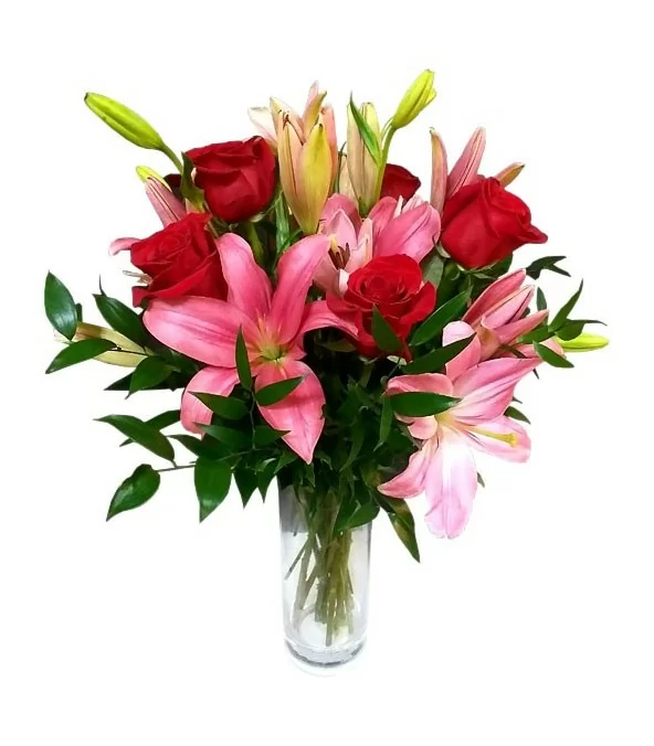 Florero de Vidrio 5 Rosas y 8 Varas de Liliums