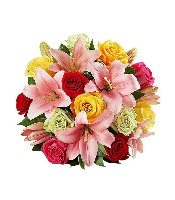Ramo de 12 Rosas Surtidas, 9 Liliums Rosados