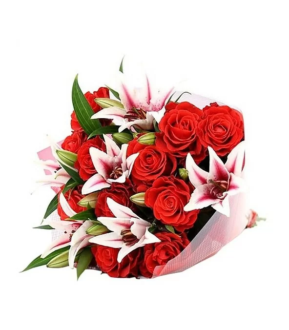Ramo de 12 Rosas, 6 Varas de Liliums al Tono