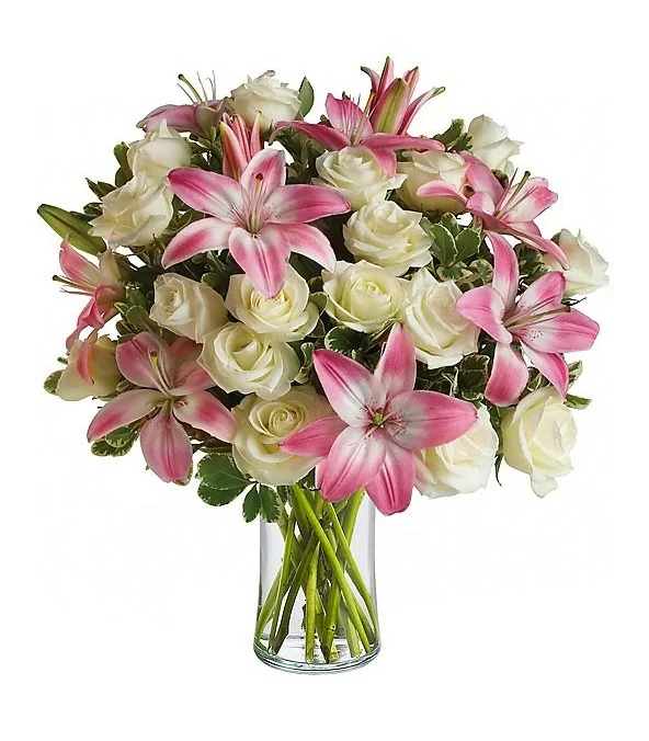 Florero de Vidrio 18 Rosas, 8 Varas de Liliums