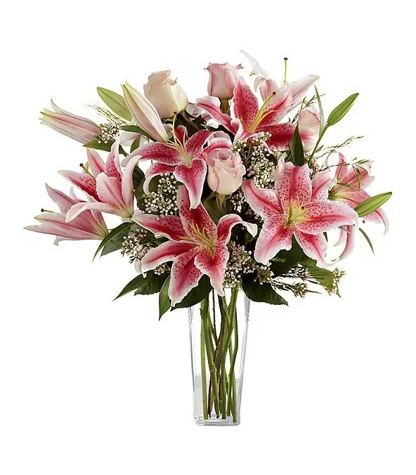 Florero de Vidrio 4 Rosas y 6 Varas de Liliums