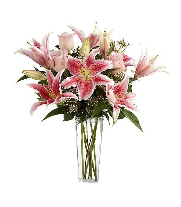 Florero de Vidrio 3 Rosas y 5 Varas de Liliums