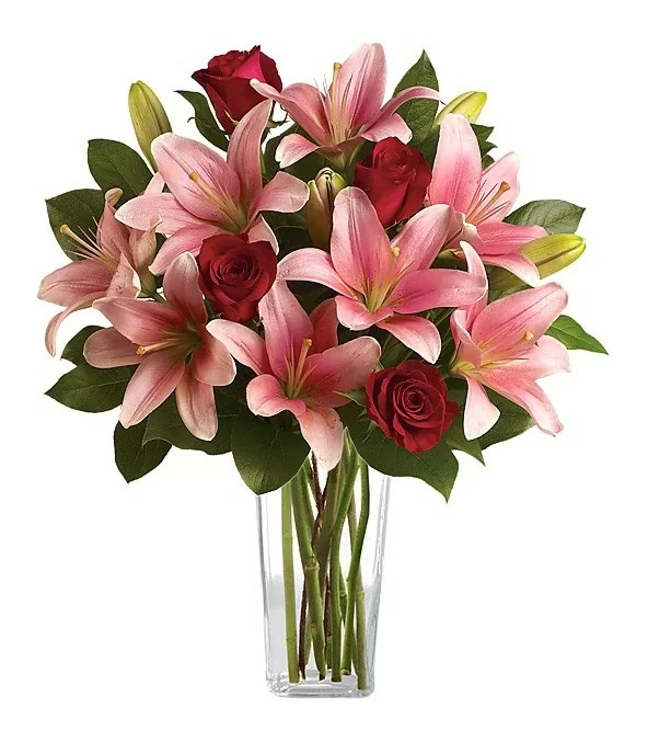 Florero de Vidrio 4 Rosas y 6 Varas de Liliums