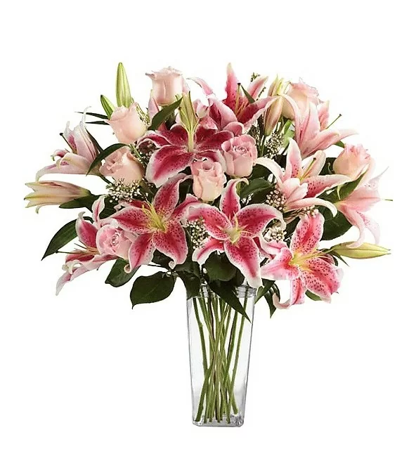 Florero de Vidrio 8 Rosas y 7 Varas de Liliums