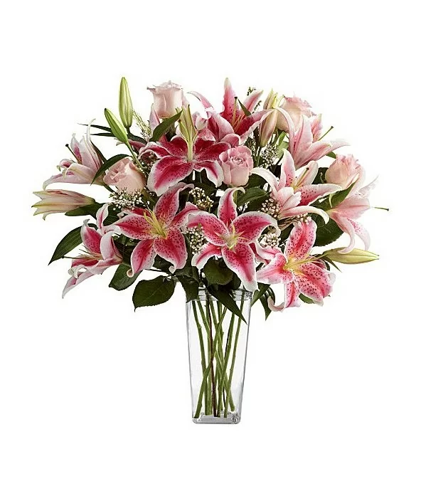 Florero de Vidrio 5 Rosas y 8 Varas de Liliums