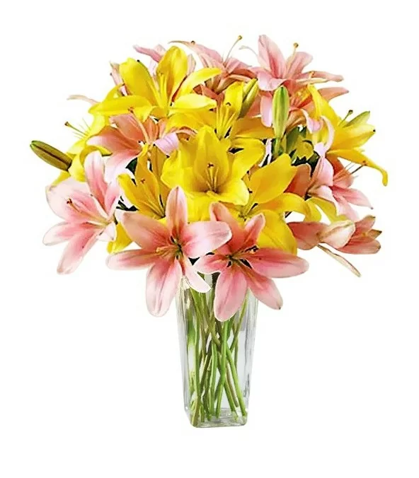 Florero de Vidrio con 5 Varas de Liliums Rosados y 5 Amarillos