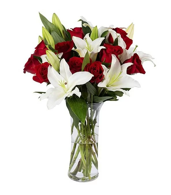 Florero de Vidrio 10 Rosas y 6 Varas de Liliums