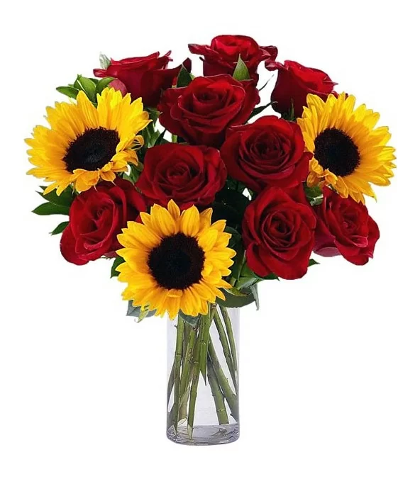 Florero de Vidrio 10 Rosas y 3 Girasoles
