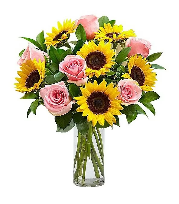 Florero de Vidrio 6 Rosas y 6 Girasoles
