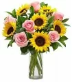 Florero de Vidrio 6 Rosas y 6 Girasoles