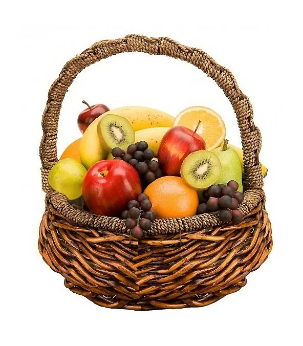 Canasta 4 Manzanas Rojas, 3 Naranjas, 3 Peras, 3 Kiwis, 4 Platanos, 1 Racimo de Uva - Envuelta en celofán y atada con lazo