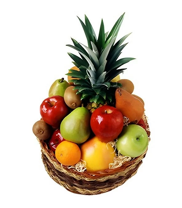 Canasta 1 Piña, 7 Manzanas, 3 Naranjas, 4 Peras, 4 Kiwis - Envuelta en celofán y atada con lazo