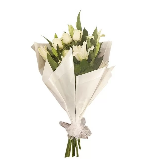 Ramo 6 Rosas Blancas, 4 Varas de Liliums Blancos