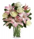 1 Florero de Vidrio, 5 Rosas - 5 Varas de Liliums/ 2 Flores por Tallo