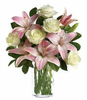 Florero de Vidrio 5 Rosas y 5 Varas de Liliums