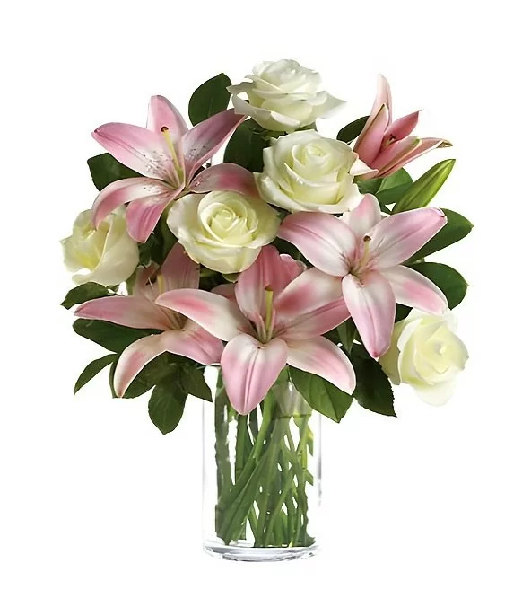 Florero de Vidrio 5 Rosas y 5 Varas de Liliums
