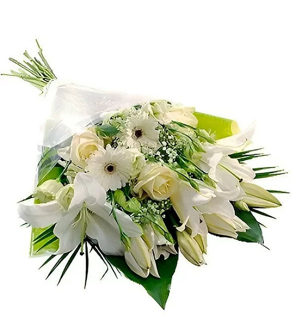 Ramo 4 Varas de Liliums Blancos, 6 Rosas Amarillas, 4 Gerberas Blancas y Follaje