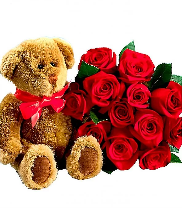 Ramo 12 Rosas con Oso de Peluche