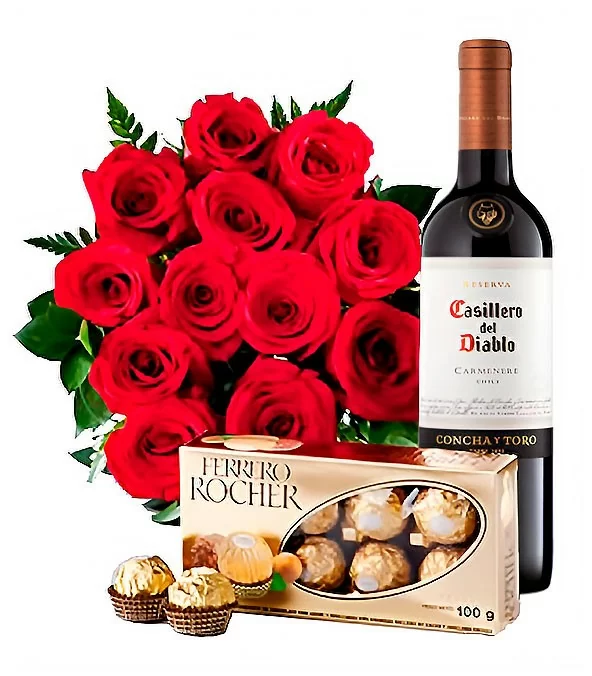 Ramo 12 Rosas + Chocolates Ferrero 8 Uds. + Botella de Vino tinto